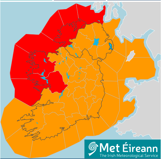 A map showing red and orange wind warnings across Ireland during Storm Isha